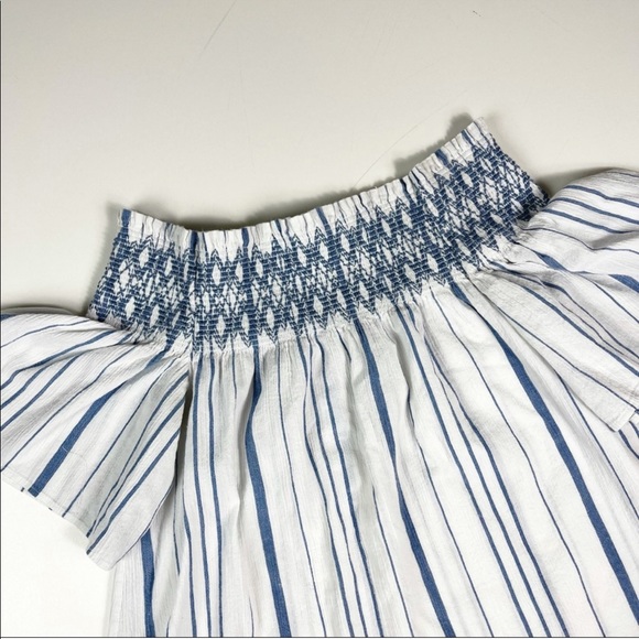 1. State Smocked Off Shoulder Blue White Striped Top Large - Picture 3 of 8